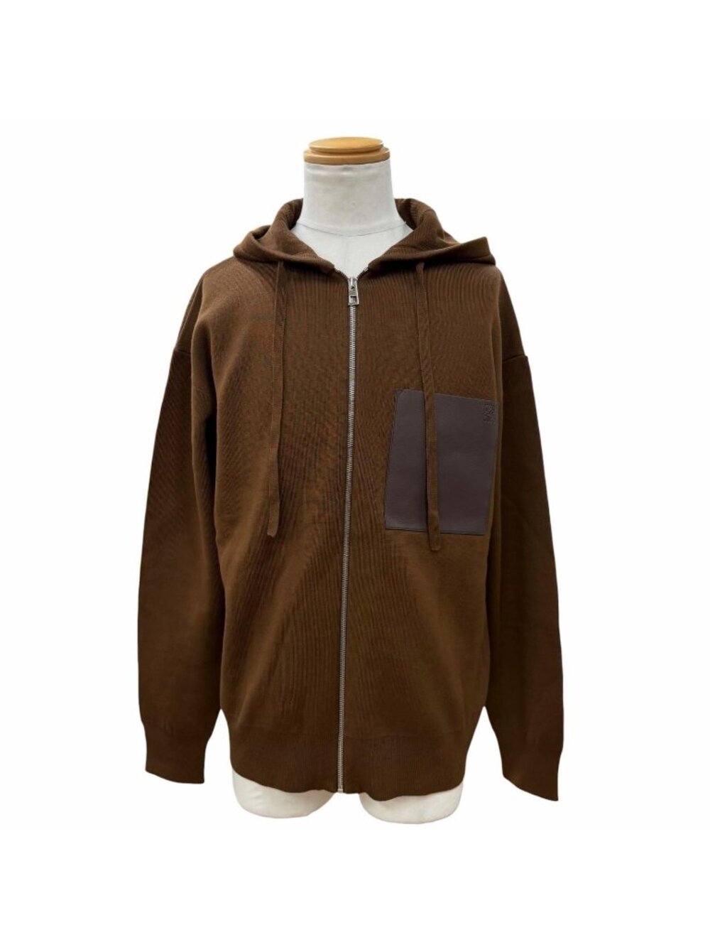 Loewe Wool 98% Anagram Logo Leather Zip Hoodie Brown